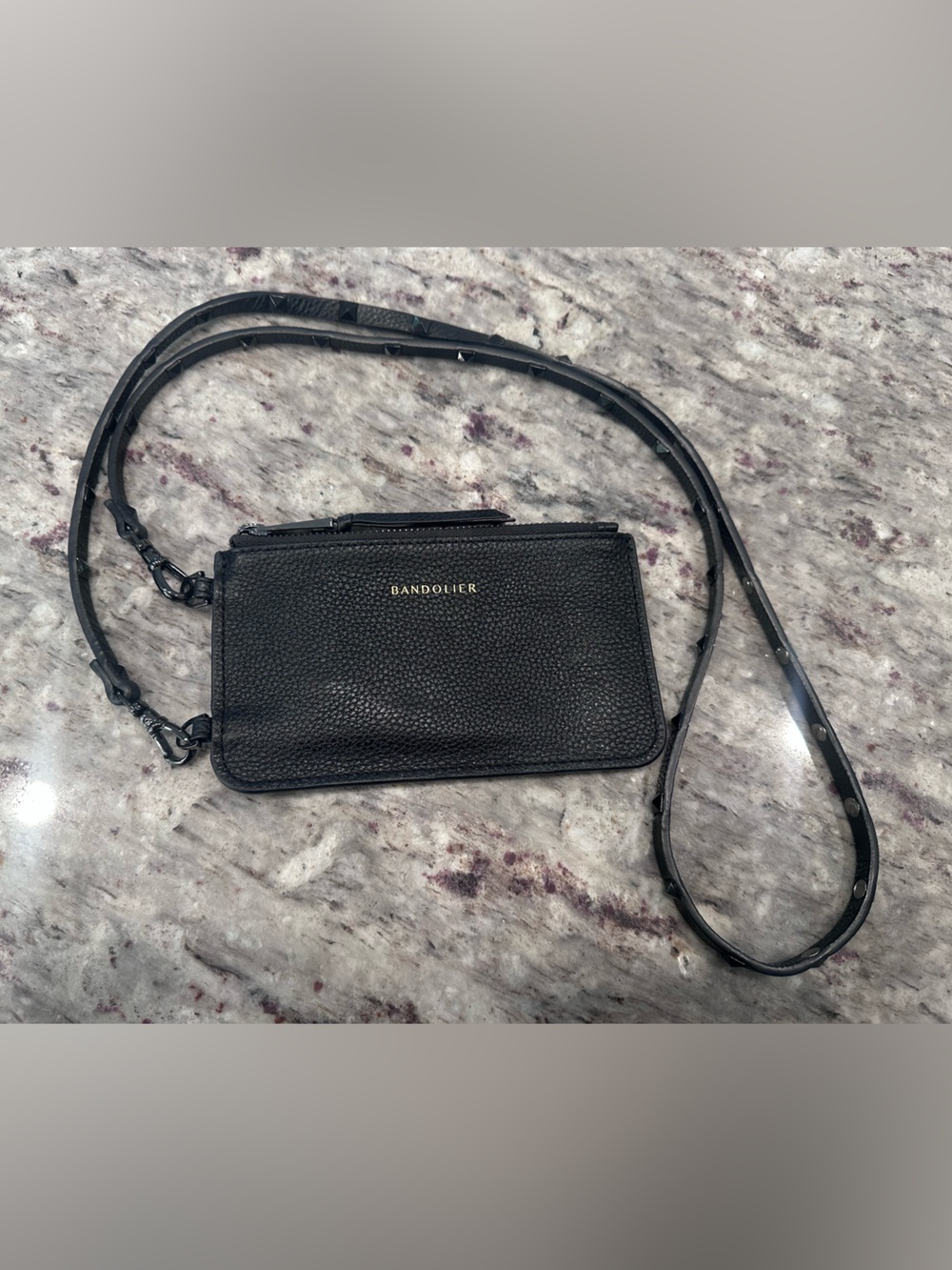 Bandolier Black Pebbled Leather Crossbody Wallet with Stud Strap